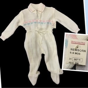 Vintage Montgomery Ward Knit Coverall Coquette Cream Heart Unisex Baby 6-9 M